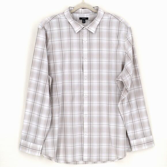 Alfani Men's White/Beige Cotton Plaid Print Long-Sleeve Button-Up Shirt Size XL - Picture 2 of 3